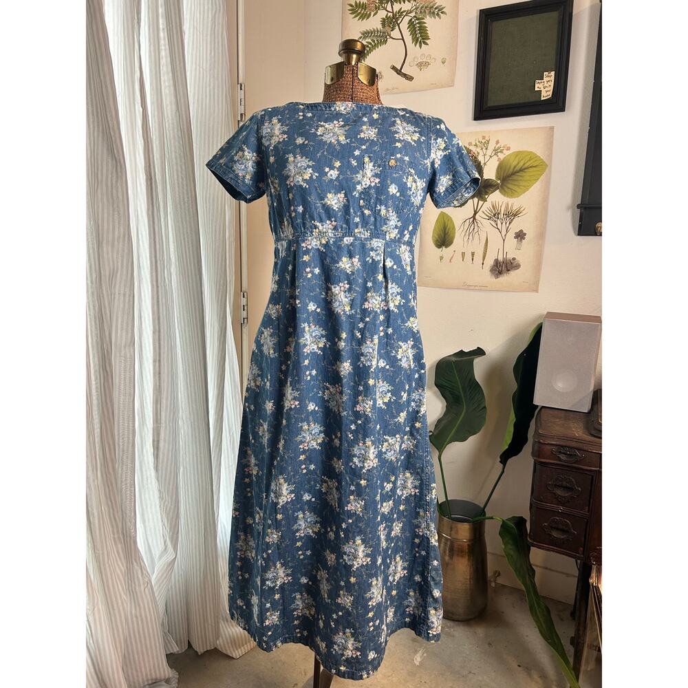 Vintage Liz Claiborne Womens Petite 6 Floral Denim Midi Dress Cottagecore